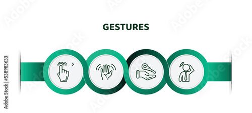 editable thin line icons with infographic template. infographic for gestures concept. included drag right, greetings, hanging over the key, dubious icons.