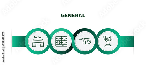 editable thin line icons with infographic template. infographic for general concept. included pair of binoculars, hob, perforator, win icons.