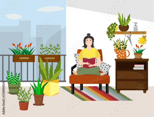 The girl is sitting on the sofa with a book. Balcony home garden with flowers and seedling boxes, chest of drawers and furniture. Place for rest. Vector illustration.