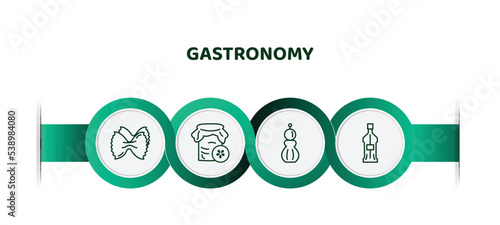 editable thin line icons with infographic template. infographic for gastronomy concept. included aroni, pickle, salt shaker, gin icons.