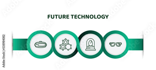 editable thin line icons with infographic template. infographic for future technology concept. included vr glasses, nanotechnology, egg incubator, smart glasses icons.