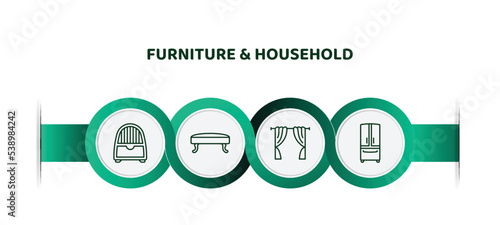 editable thin line icons with infographic template. infographic for furniture & household concept. included dehumidifier, hassock, curtains, fridge icons.
