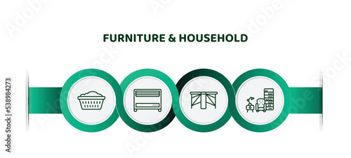 editable thin line icons with infographic template. infographic for furniture & household concept. included laundry hamper, heating, gateleg table, livingroom icons.