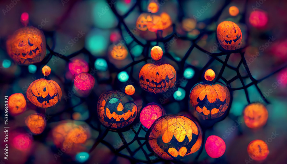 Halloween background with neon pumpkins hanging on a creepy bright spider web. Halloween background with neon pumpkins hanging on a creepy bright spider web.