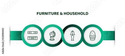 editable thin line icons with infographic template. infographic for furniture & household concept. included cabinet, globe, bedroom lamp, cactus icons.