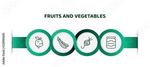 editable thin line icons with infographic template. infographic for fruits and vegetables concept. included radishes, pea, tuber, mason jar icons.