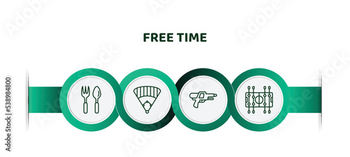 editable thin line icons with infographic template. infographic for free time concept. included gardening tools, baseball field, water gun, table football icons. photo