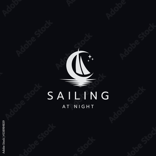 Boat sailing at night logo icon design template flat vector