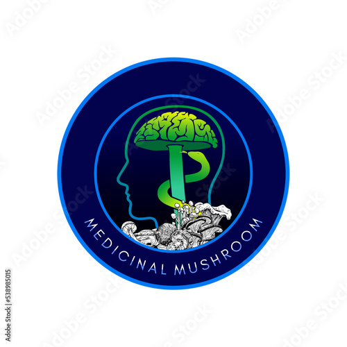 Vector colored Logo with Porcini mushroom (Cep, King Bolete, Boletus edulus) on forest glade. Organic, bio food style. Design element, icon, emblem and badge