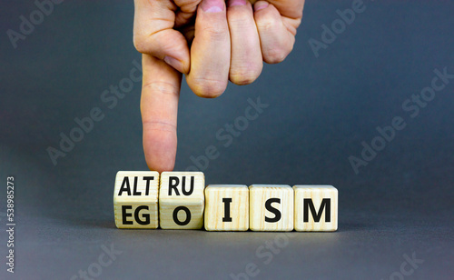 Altruism or egoism symbol. Concept words Egoism and Altruism on wooden cubes. Psychologist hand. Beautiful grey table grey background. Business psychological altruism or egoism concept. Copy space