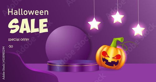 Abstract realistic 3D purple cylindrical pedestal on a purple background. Happy halloween minimal scene for product presentation. Halloween pumpkin with evil eyes. Glowing stars on the background. 