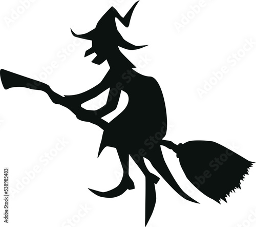 witch on a broomstick, black silhouette icon on transparency background, halloween vector illustration