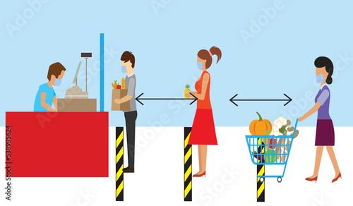 2D illustration of a line of customers waiting for their turn at the register in a grocery shop
