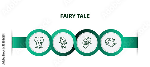 editable thin line icons with infographic template. infographic for fairy tale concept. included talking tree, madre monte, knight, pinocchio icons.