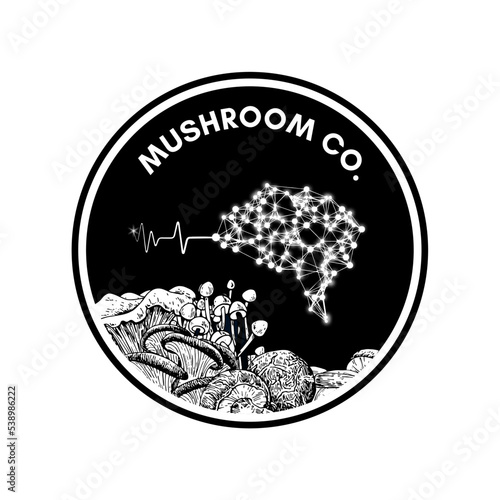 Vector colored Logo with Porcini mushroom (Cep, King Bolete, Boletus edulus) on forest glade. Organic, bio food style. Design element, icon, emblem and badge
