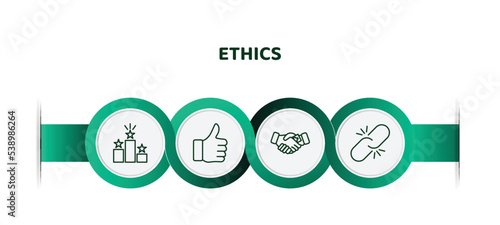 editable thin line icons with infographic template. infographic for ethics concept. included competitive, thumbs up, corruption, connect icons.