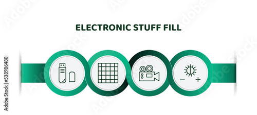 editable thin line icons with infographic template. infographic for electronic stuff fill concept. included pen drive, screen grid, film camera, brightness option icons.