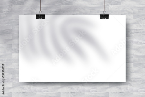 Vector Mockup with empty white horizontal poster on white wooden background and palm shadow overlay. Trendy portfolio blanc space frame background for web portfolio, poster mock up, advertising