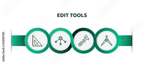 editable thin line icons with infographic template. infographic for edit tools concept. included school triangle, allocation, cobbler, calipers icons.