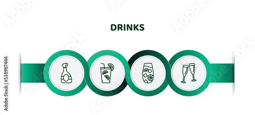 editable thin line icons with infographic template. infographic for drinks concept. included cognac, caipirinha, tom collins, toast icons.
