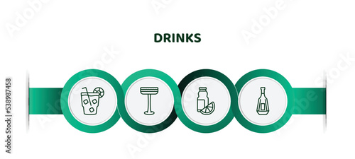 editable thin line icons with infographic template. infographic for drinks concept. included cuba libre, irish sour, juice bottle, brandy icons.
