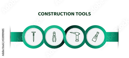 editable thin line icons with infographic template. infographic for construction tools concept. included nail, repair pliers, blowtorch, scratcher tool icons.