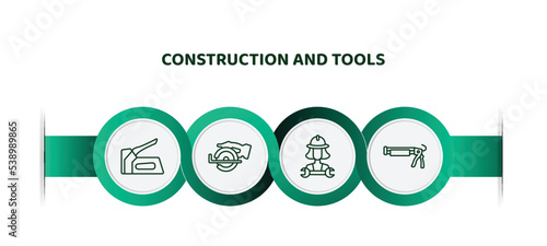 editable thin line icons with infographic template. infographic for construction and tools concept. included staple gun, chop saw, mechanic working, caulk gun icons.