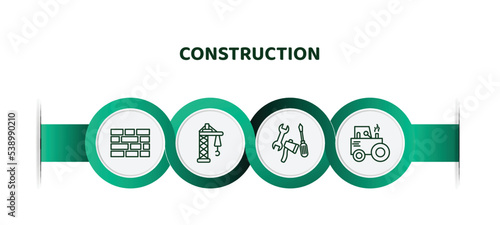 editable thin line icons with infographic template. infographic for construction concept. included birck wall, derrick facing right, three tools, steamroller icons.