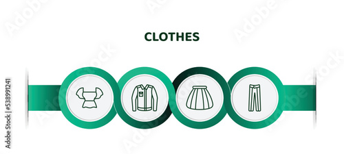 editable thin line icons with infographic template. infographic for clothes concept. included peplum top, denim jacket, tulle skirt, oxford wave suit pants icons.
