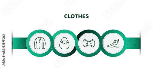 editable thin line icons with infographic template. infographic for clothes concept. included cotton cardigan, bucket bag, bow tie, leather chelsea boots icons.