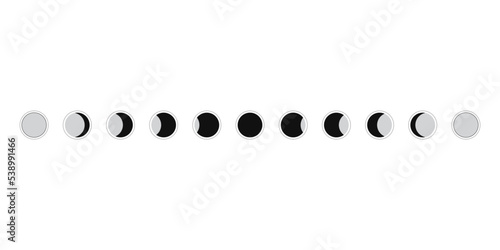 Moon phases scheme sphere shadow cycle astronomy icon set. Vector Illustration background