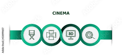editable thin line icons with infographic template. infographic for cinema concept. included director film chair, cinema light source, 3 dimension screen, movie roll icons.