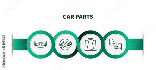 editable thin line icons with infographic template. infographic for car parts concept. included car cowl, car brake, bonnet, mud flap icons.