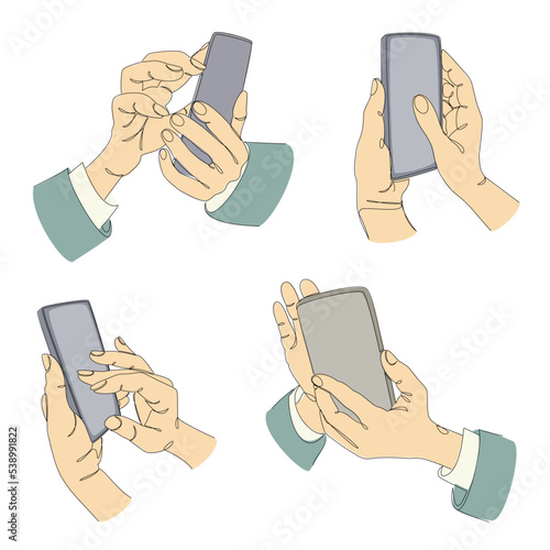 Collection. Silhouettes of human hands with a phone in a modern single line style. Continuous line drawing, decor outline, posters, wall art, stickers, logo. vector illustration set.