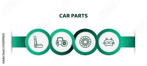 editable thin line icons with infographic template. infographic for car parts concept. included car bucket seat, car spare wheel, clutch, brake pad icons.