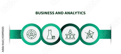 editable thin line icons with infographic template. infographic for business and analytics concept. included value chart, dress code, department head, radar chart icons.