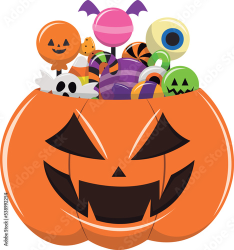 Halloween pumpkin with candies on transparent background, vector illustration