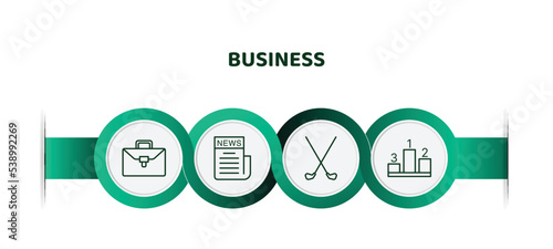 editable thin line icons with infographic template. infographic for business concept. included briefcase, newspaper page, golf sticks, ranking factor icons.