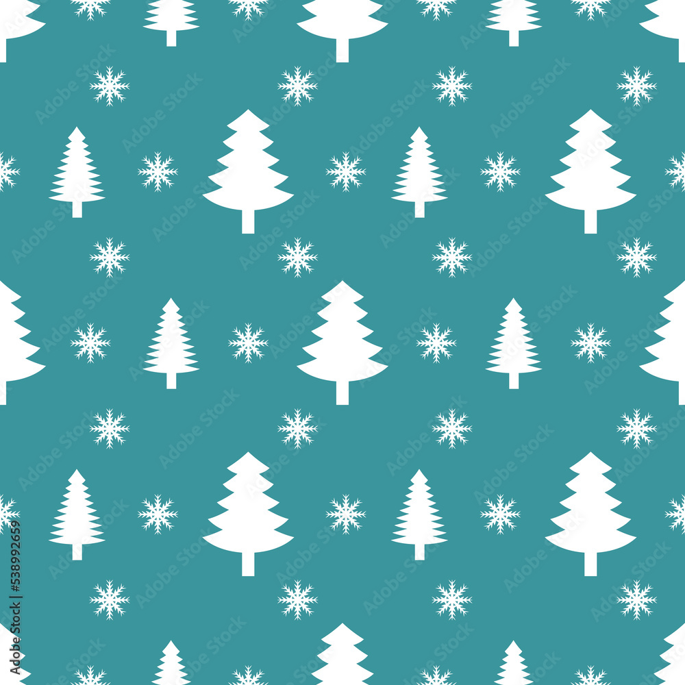 Christmas tree and snowflakes blue seamless pattern