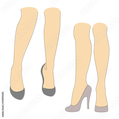 Collection. Silhouettes of female legs. Girl in high heels. Lady standing, suitable for sticker, logo. Well-groomed legs, beautiful silky skin. Vector illustration set.