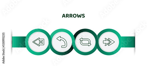 editable thin line icons with infographic template. infographic for arrows concept. included backspace, turn left, shuffle, next icons.