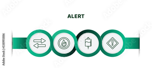 editable thin line icons with infographic template. infographic for alert concept. included two way, fire button, intravenous, emergency icons.