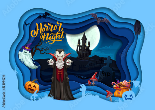 Halloween cartoon vampire paper cut poster. Cartoon vector 3d design with scary characters dracula, ghosts and zombie hands. Pumkin, sweets and haunted house at night cemetery holiday scary monsters