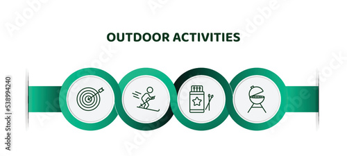 editable thin line icons with infographic template. infographic for outdoor activities concept. included dartboard, skii, matchbox, barbacue icons. photo