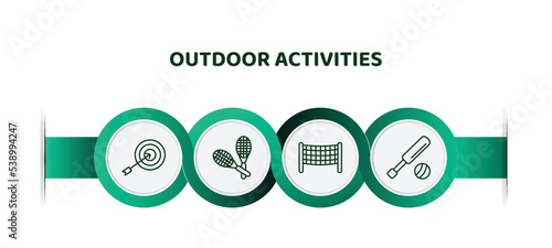 editable thin line icons with infographic template. infographic for outdoor activities concept. included dart, racket, volleyball net, cricket icons.