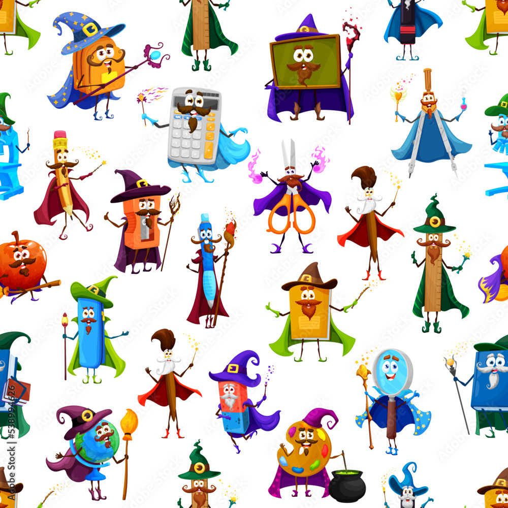 Fototapeta premium Cartoon Halloween school characters seamless pattern. Vector background with cute personages of magician book, wizard backpack, pen and pencil, witch ruler and globe with magical wands, hats and capes