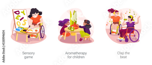 Developmental activities in homebased daycare isolated cartoon vector illustration set