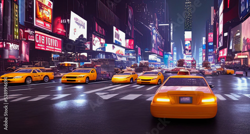 Fotografering illustration of New York City and a lot of cabs in the night