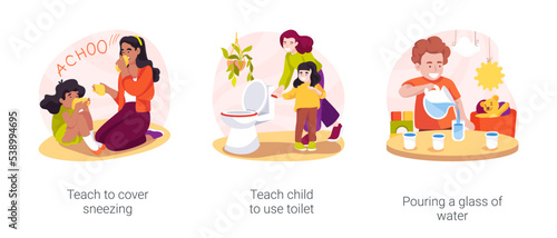 Self-care skills development in home-based daycare isolated cartoon vector illustration set