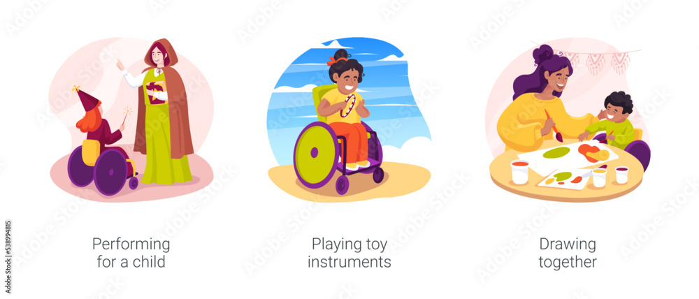 Developmental activities in special childcare isolated cartoon vector illustration set